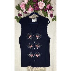 VINTAGE Susan Bristol Vest Womens Medium Navy Embroidered Floral Knit Ramie 90s
